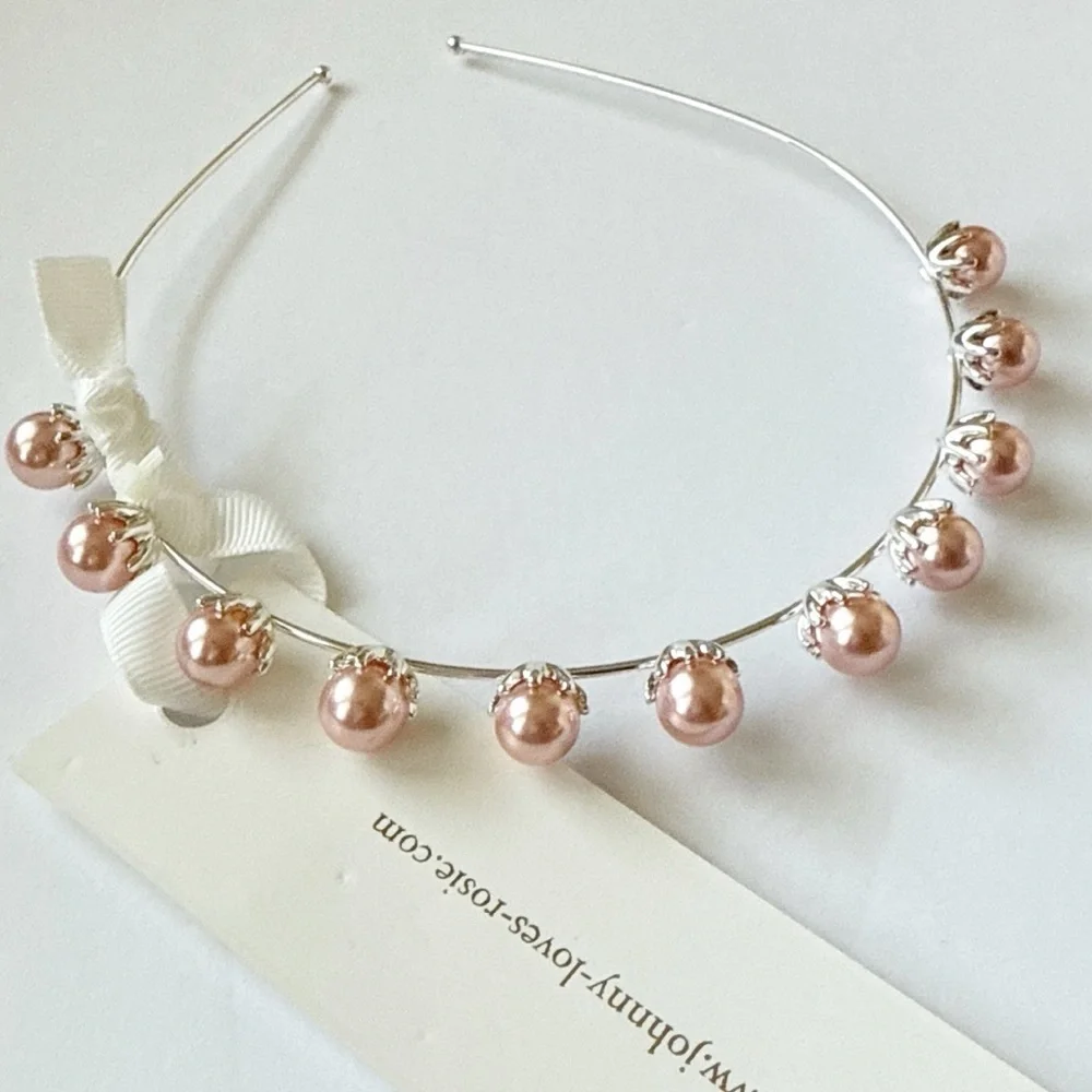 Johnny Loves Rosie Silver Pink Pearl Embellished Headband Wedding Prom Coquette
